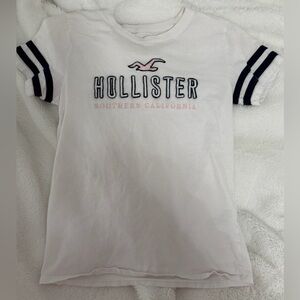 Vintage Hollister White Tee with Baby Pink and Navy Accents